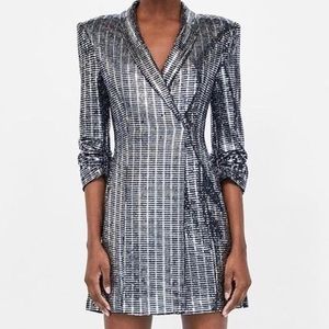 Zara Sequin Blazer Dress Silver/Black (M) NWT